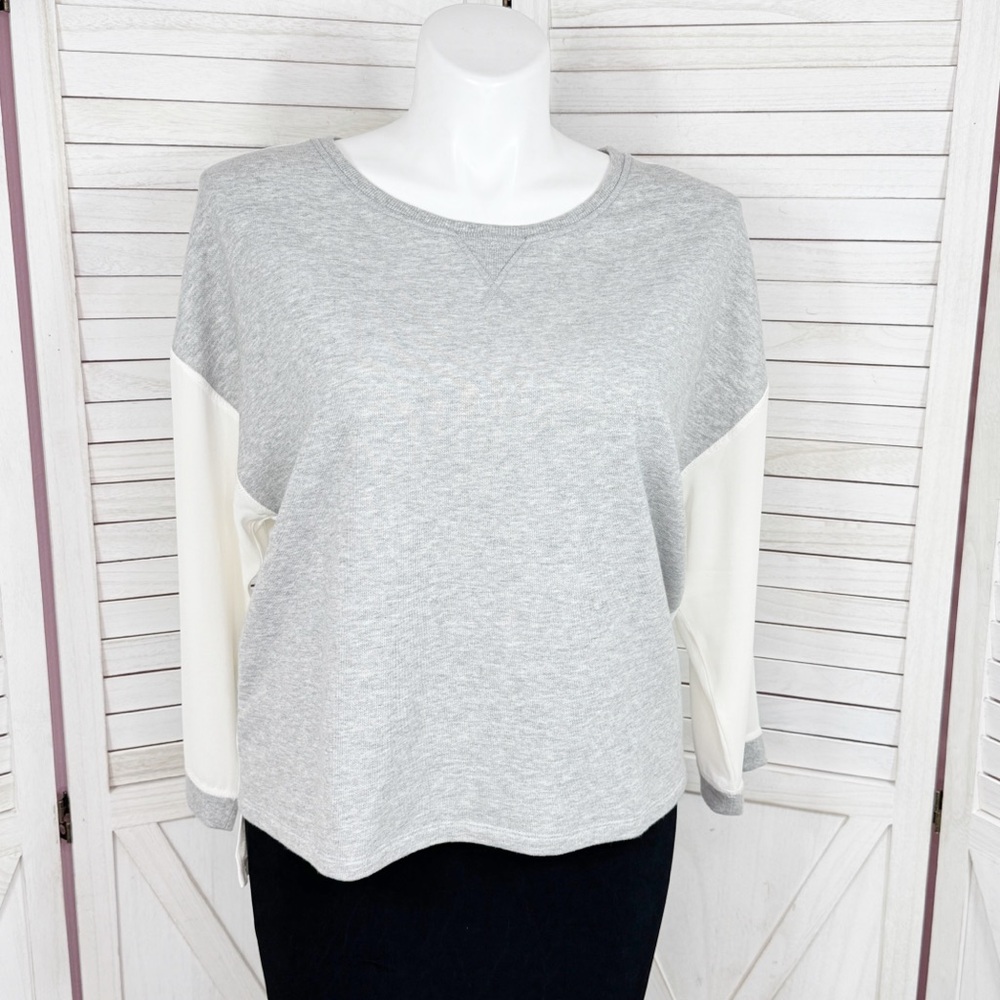 Loft Knit Chiffon Back Pullover Athleisure Top Grey Cream‎ Large Sweatshirt